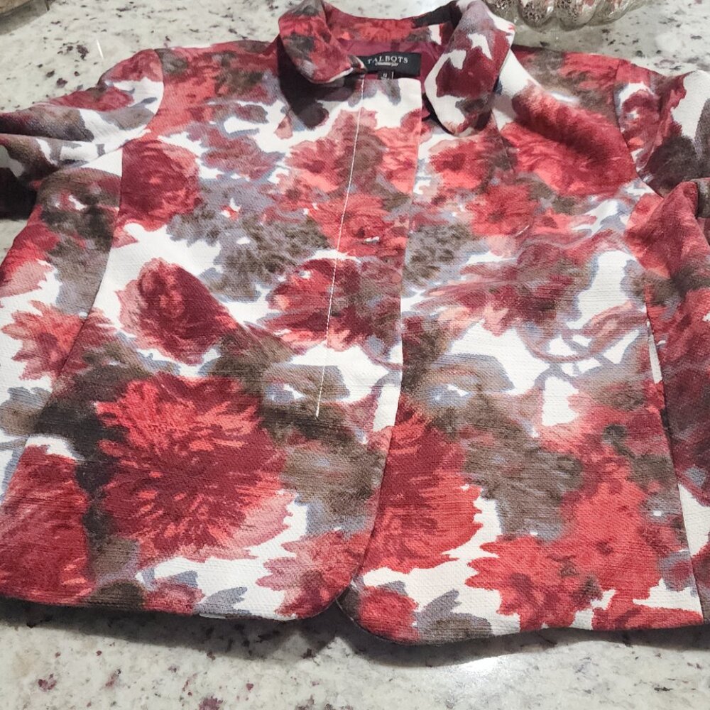 Talbots Vintage Floral Jacket – Red Multicolor, 3/4 Sleeve, Size 12